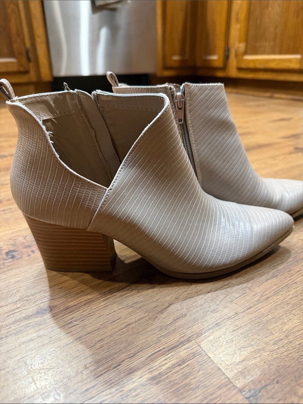 Qupid Taupe Textured Pointed-Toe Ankle Booties with Block Heel